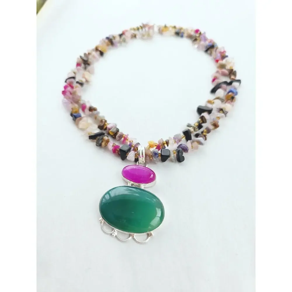Artisan New Sterling 925 Agate Gemstone Jewel Multi Necklace Colorful Pink Green